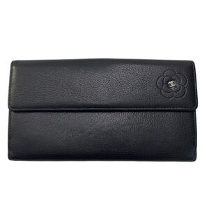 CHANEL Black Leather Camellia Wallet